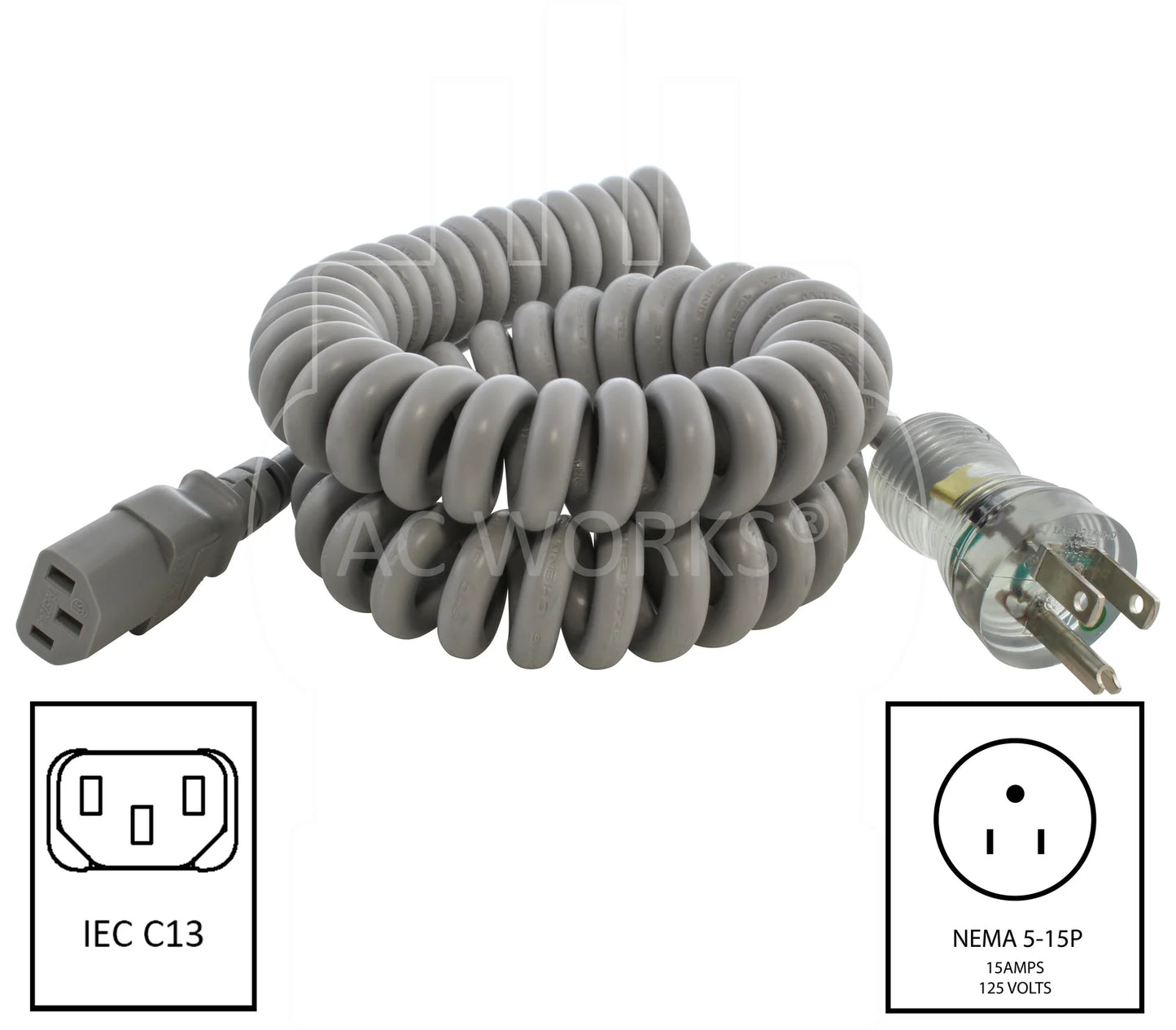 Coiled Straight Plug- Medical Grade Power Cord